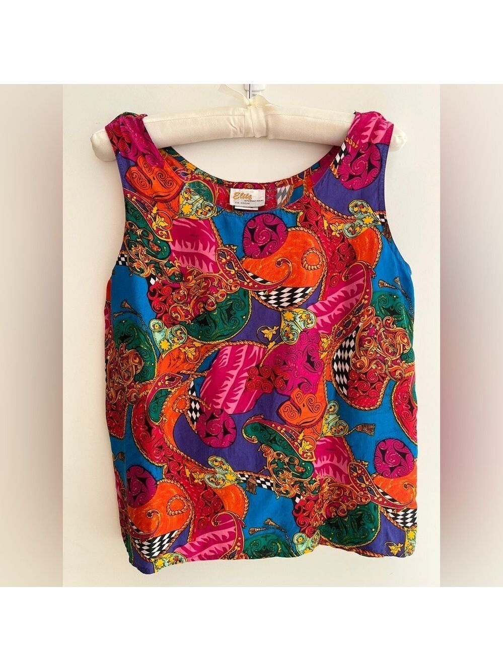 ELITE INTERNATIONAL100% Silk Colourful Tank Top Harlequin Paisley Tassel Artsy